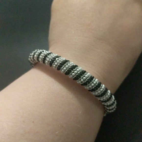 Silver Tone Black and White Hinged Cuff Statement Bracelet - Picture 1 of 3